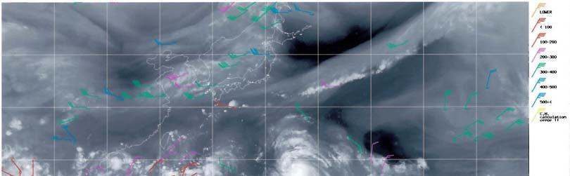 Fig.6 WV image with WVMWs distributed via GTS at 00 UTC Sep. 13, 1995 3.3 Water Vapor Motion Winds Fig.