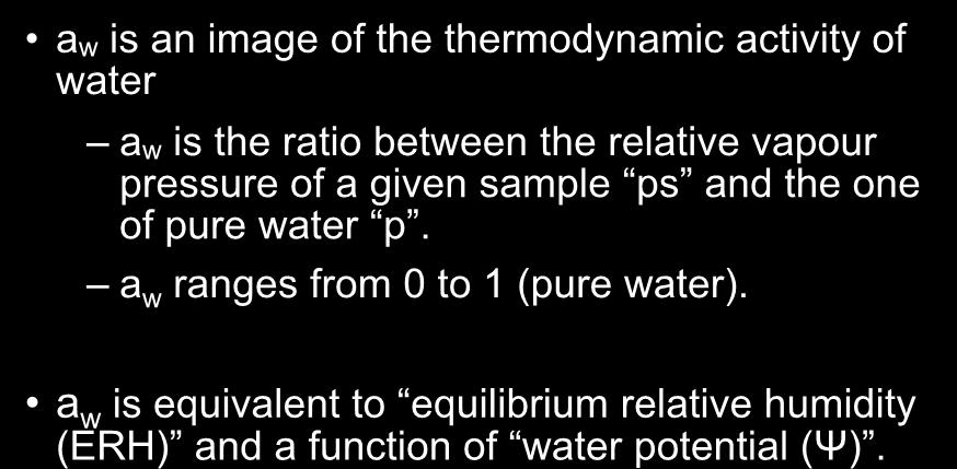 1. Water activity : definition & concept a w is an image of the thermodynamic activity of water a w is the ratio between the relative vapour pressure of a given