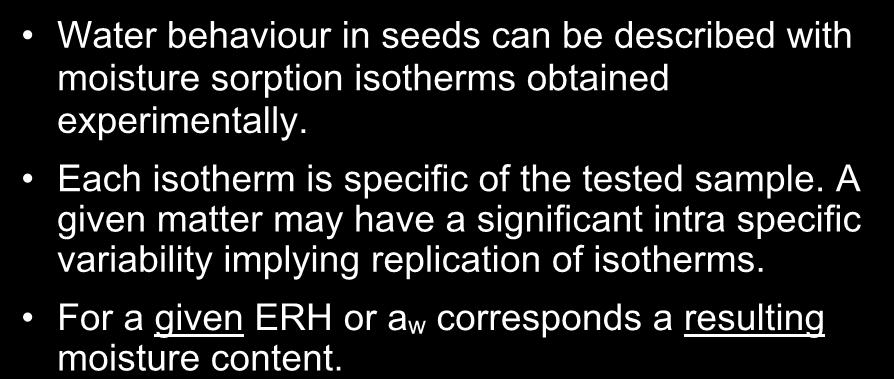 1. Water activity : definition & concept Water behaviour in seeds can be described with moisture sorption isotherms obtained experimentally.