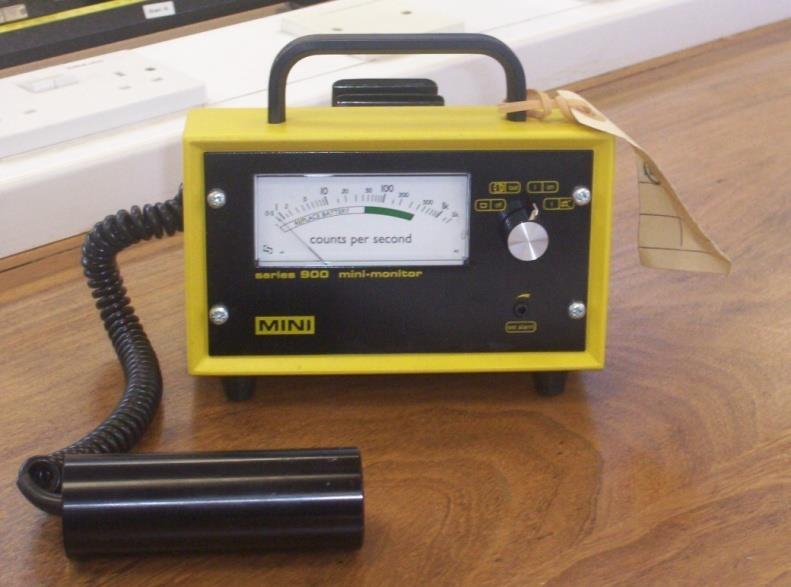 Geiger Counter: detects beta radiation radiation enters the tube and ionizes the gas inside the