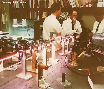 IRE 50, 1697 (1962) (Left to right) Dane Rigden, Alan White and Bill Rigrod having a discussion in the laser lab at Bell Labs, 1963.