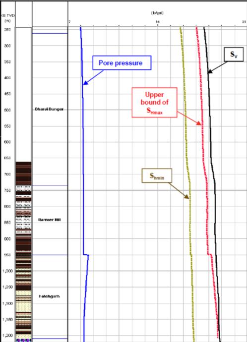 Vertical Stress was determined using the density and sonic logs. Logs are available from 100m below the ground level. An exponential curve is used to approximate density from the ground level.