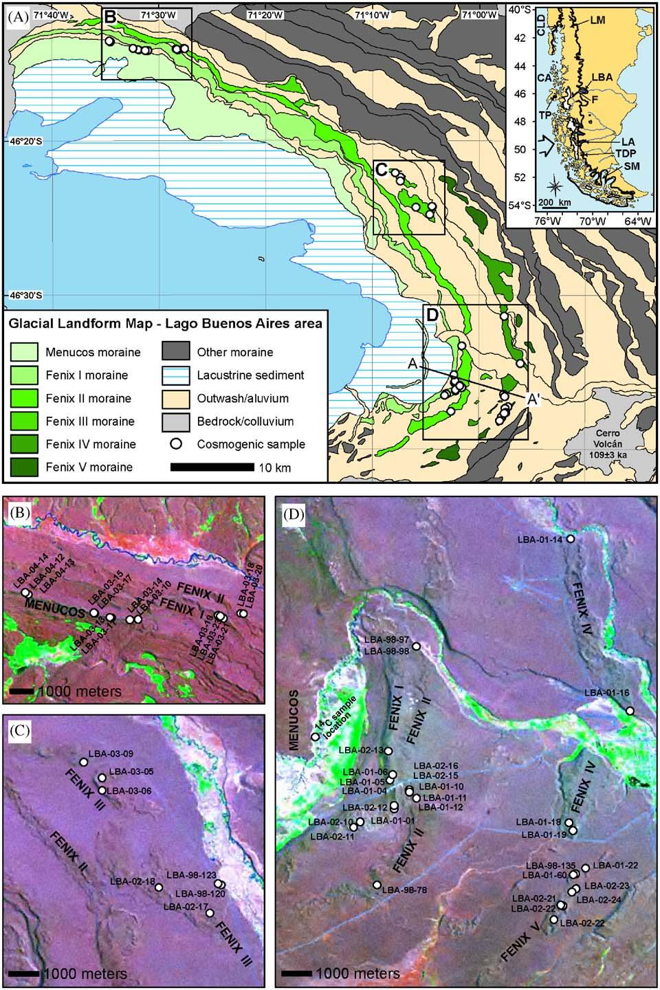 QUAGEO : D.C. Douglass et al. / Quaternary Geochronology ] (]]]]) ]]] ]]] 2 2 2 Fig.. (A) Glacial landform map of Lago Buenos Aires region, Argentina.