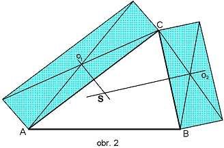 Veďme každým vrcholom trojuholníka ABC rovnobežku (zostrojíme pomocou dvoch kolmíc) s protiľahlou stranou trojuholníka ABC. Tým dostaneme trojuholník A B C (obr. 3).