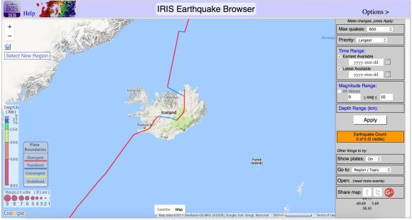 Iceland Earthquakes: Using IRIS Earthquake Browser. Zoom back out and then zoom in so that Iceland (in the North Atlantic) is centered and visible.