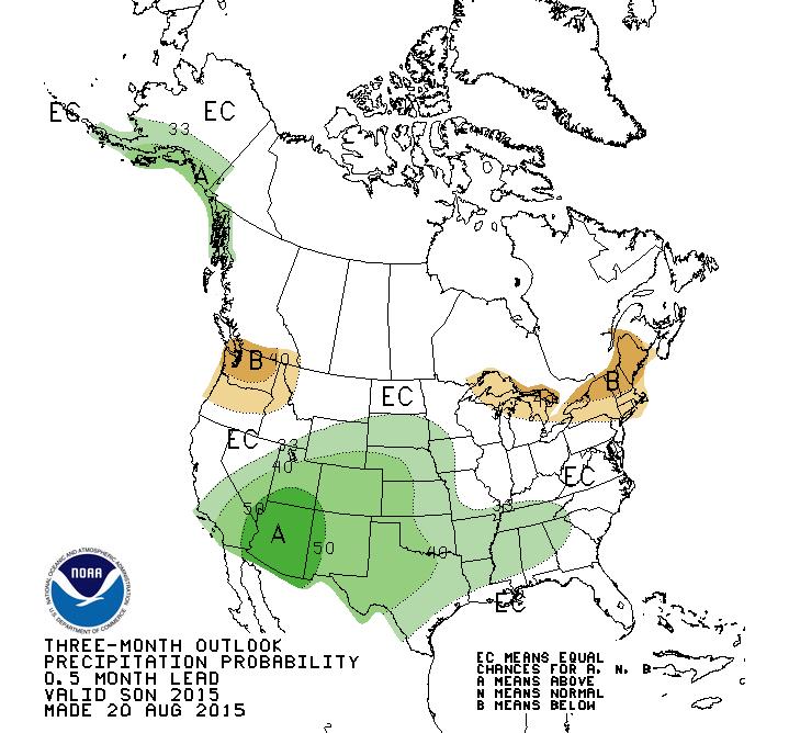 The top two images show Climate Prediction Center's Precipitation and Temperature outlooks for 8 14 days.