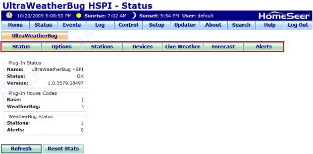 UltraWeatherBug HSPI Configuration Web Page Layout The UltraWeatherBug plug-in has seven web pages that provide access the available features of the plug-in. The available web pages are as follows: 1.