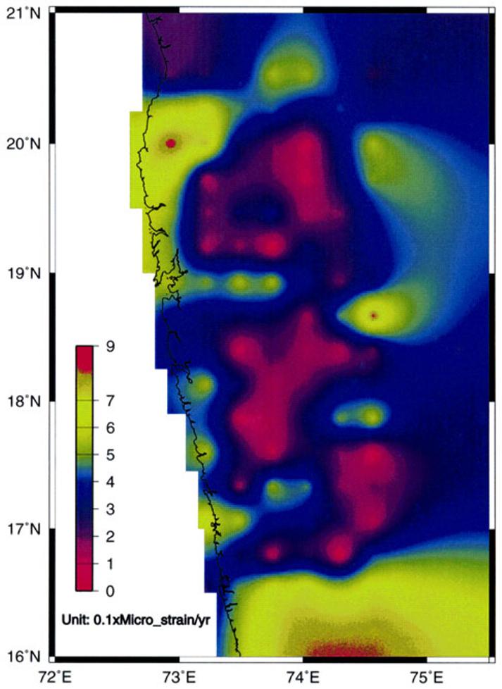968 C. D. REDDY et al.: CRUSTAL STRAIN FIELD IN THE DECCAN TRAP REGION Fig. 3. Distribution of maximum shear strain rate calculated from the velocity field shown in Fig. 1.