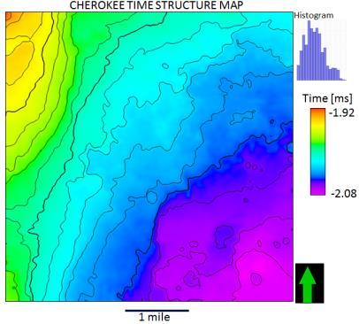 We interpret the GRWG horizon as the base of the granite wash. Figure 2: Time structure map for the Cherokee Granite Wash Data Availability The 3D seismic surveys were acquired over a 28-sq.