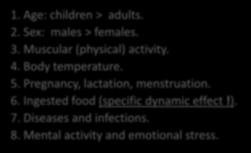 It is affected by: 1. Age: children > adults. 2. Sex: males > females. 3. Muscular (physical) activity. 4. Body temperature. 5.