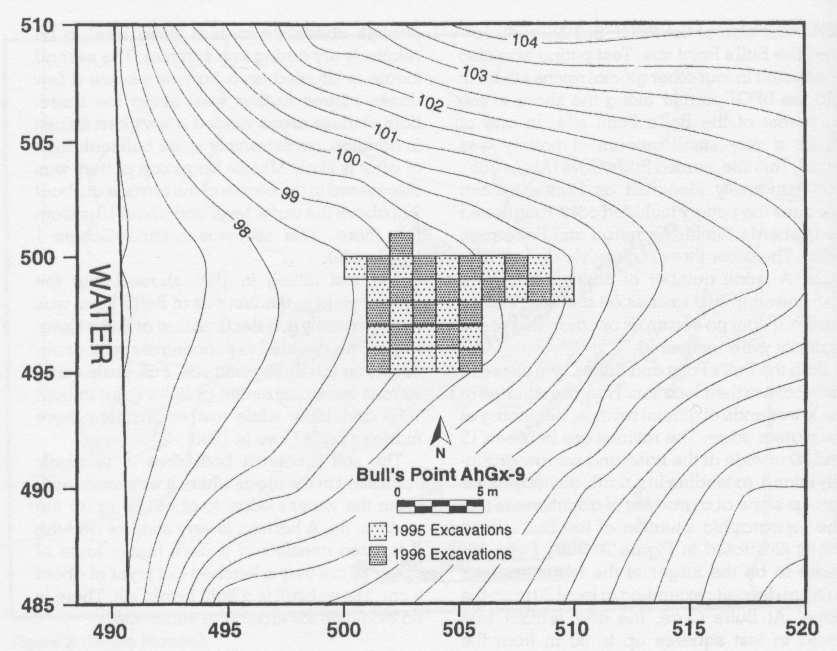 8 ONTARIO ARCHAEOLOGY No. 63, 1997 Figure 3. Topography and 1995 and 1996 Excavations at the Bull's Point Site Features and Structures.