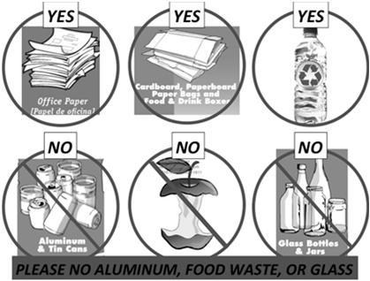 YES: paper, cardboard, and empty plastic containers NO: cans, glass, liquid, garbage, food