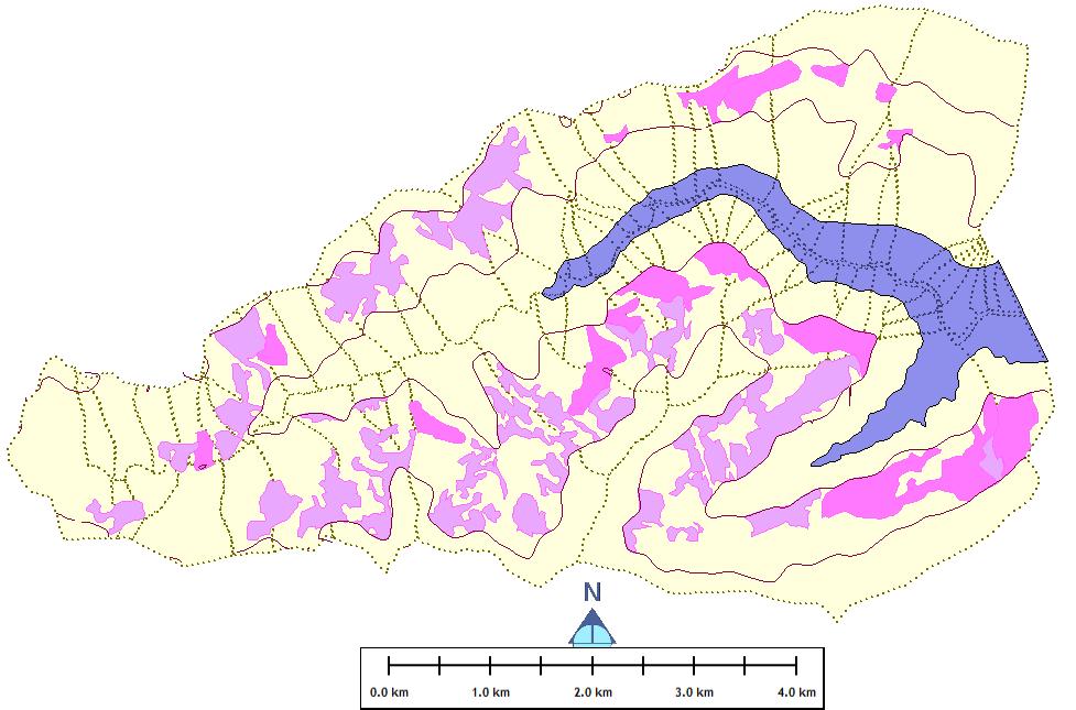 Suitable site for Gaothan area Suitable site for Agriculture and allied activities Water body Contour line Sub basin boundary TEMGHAR LAKE CATCHMENT MAP SHOWING