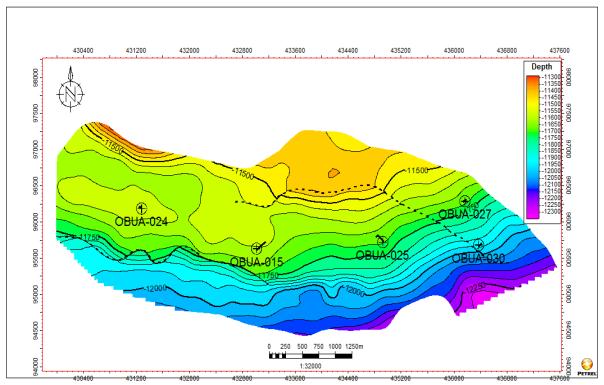 P1 P2 Figure 8a: Depth map for Reservoir A Figure 8b: Depth map for Reservoir D Petrophysical Evaluation: Hydrocarbon potentials of the outlined reservoir sands were discovered in their