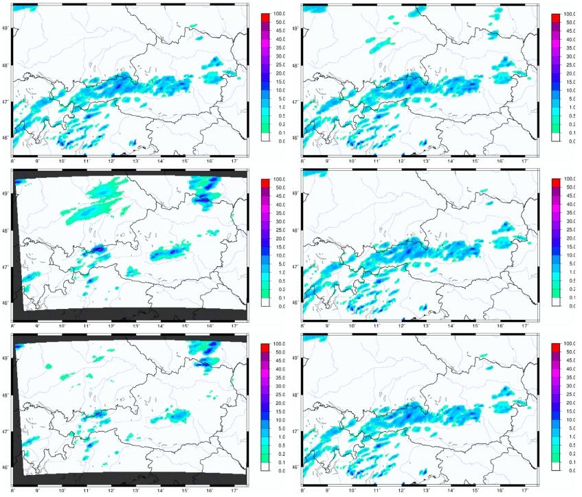 3.2 Case 2: 19th July 2015 1 h accumulated precipitation analysis For the second case the simulations are initialized at 12 UTC when the convective system is already inside the Austrian domain and