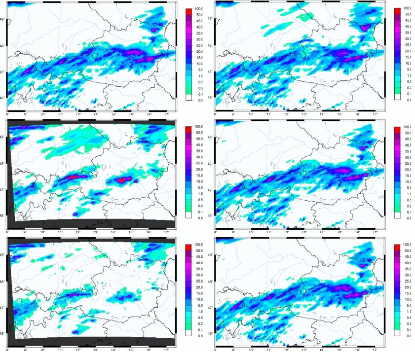 3 h accumulated precipitation analysis All performed experiments simulate new convective cells that are not present in INCA analysis (red circle).