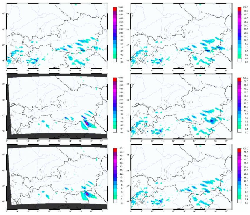 2 h accumulated precipitation analysis All the simulations predict the overall structure of the new convection system during the next few hours which is consistent with INCA analysis (Figure 5, red