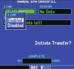 3. With the Link field highlighted, turn the small right knob to show Enabled, and then press ENT. This enables the GNS unit to receive flight plan information from the GTN unit.