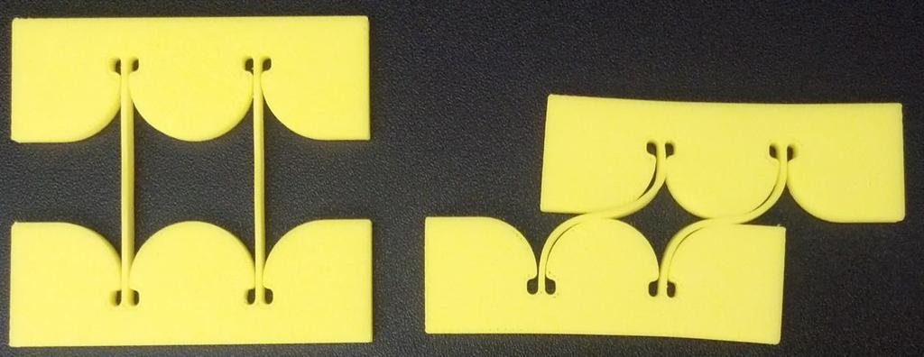 Figure 1 Photo of the basic test geometry in its as-printed (left) and deformed (right) positions.