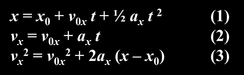 Vector Kinematics x = x 0 + v 0x t + ½ a x t 2 (1) v x = v 0x + a x t (2) v x 2 = v 0x 2 + 2a x (x x 0 ) (3) y = y 0 + v 0y t + ½ a y t 2 (4) v y = v 0y + a y t (5) v y 2 = v 0y 2 + 2a y