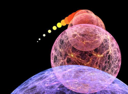 Kosmologische inflatie: een explosie van de ruimte zelf. Deze artist s impression geeft weer wat een waarnemer buiten het universum zou zien. (scienceblogs.