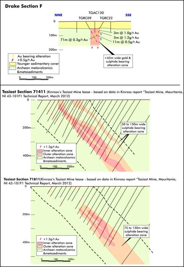 Fig. 4: Section containing Hole 22 showing alteration and gold mineralisation, and