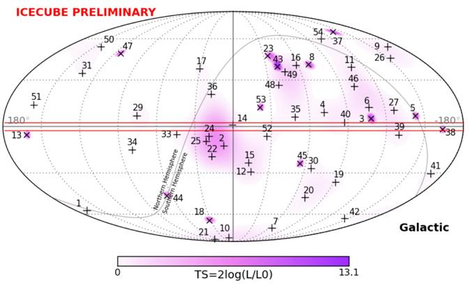 EPJ Web of Conferences Figure 1. Arrival directions of the 52 high energy contained neutrino candidate events, in galactic coordinates. Crosses indicate cascade-like events while X s show tracks.