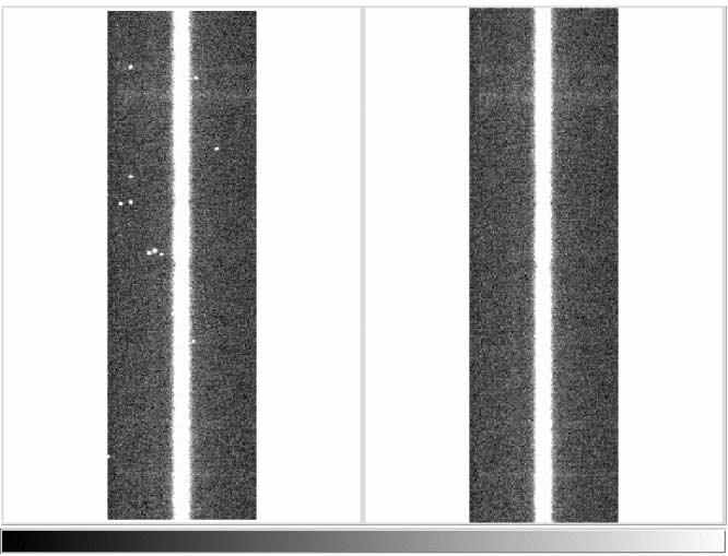 152 PYCH Fig. 5. Example of a frame with a long-slit spectrum before (left) and after (right) cosmic-ray cleaning. The stellar signal is in the white band along each panel. era attached to the 6.