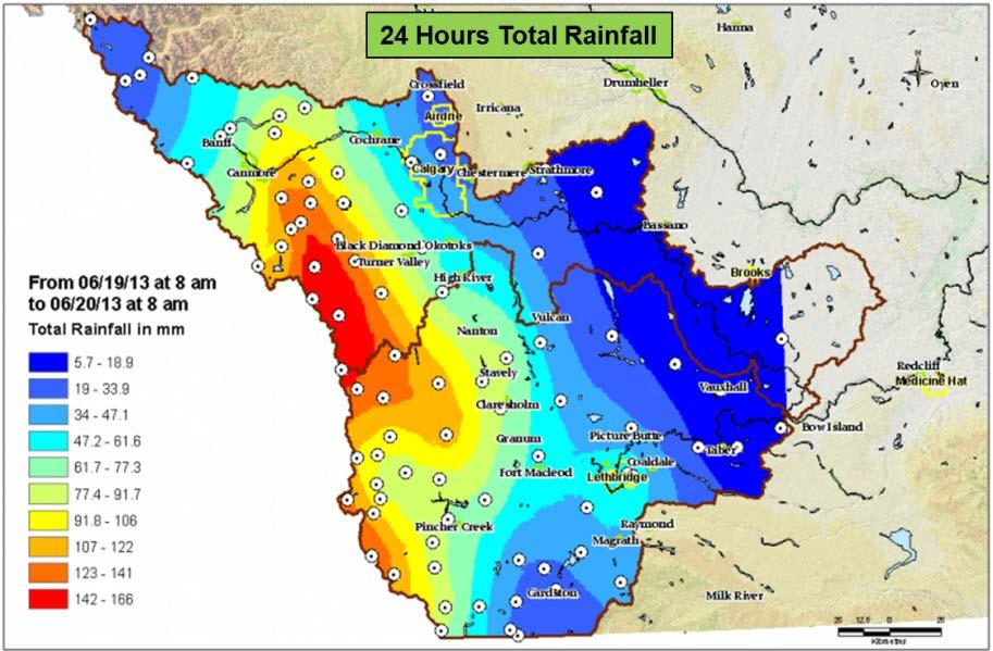 On average, the Elbow, Sheep and Highwood River basins received 12 hour totals of between 115 and 140 mm; approx 1.5 times the 1:100 year value.