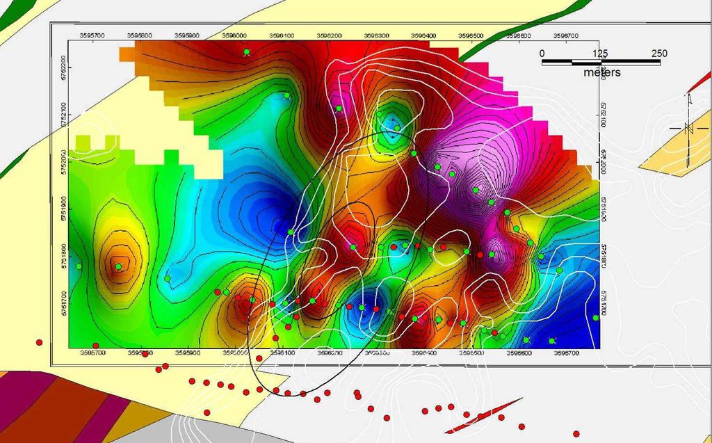 Soil Gas Hydrocarbon geochemistry survey The concentric ellipses indicate a nested halo anomaly, and mark a redox cell above a SEDEX mineralisation.