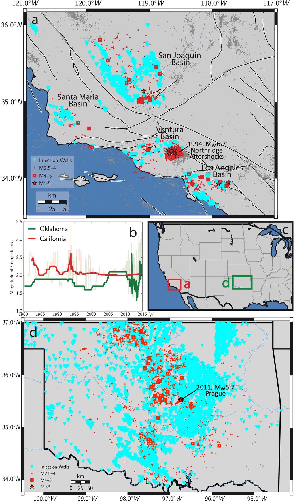328 329 330 331 332 333 Figure 1: Seismicity (red dots, squares, star; see legend for magnitudes) and injection well locations (blue triangles) in CA (a) and OK (d).