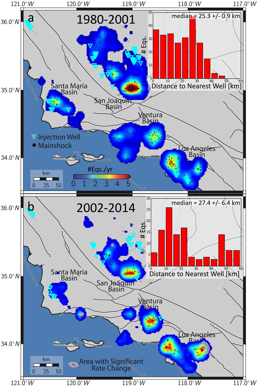 348 349 350 351 352 353 Figure 4: Smoothed, spatial variation in background seismicity rates in CA basins between 1980-2001 (a) and 2002-2014 (b).