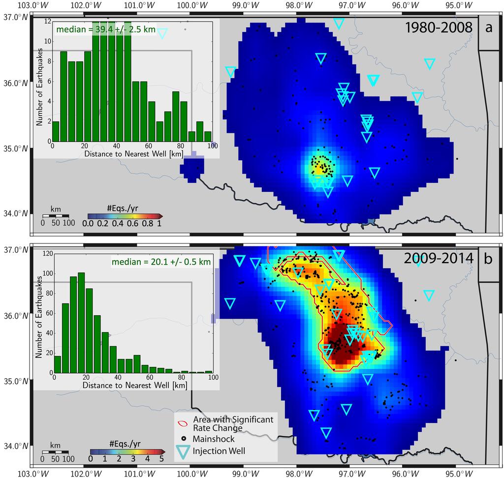 354 355 356 357 358 359 360 361 Figure 5: Smoothed, spatial variation in background seismicity rates in OK between 1980-2008 (a) and 2009-2014 (b).