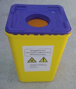 SOP for the disposal of biological sharps/tips laboratory waste contaminated with chemicals generated in the School of Chemistry: Collect a 60L yellow container with yellow lid from Chemistry stores.