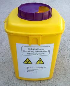 SOP for the disposal of potentially infectious laboratory sharps contaminated with chemicals generated in the School of Chemistry: Collect a 12L yellow container with purple lid from Chemistry stores.