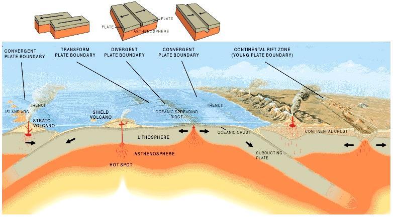 - On Continents: although this is uncommon, the separation of these plates leaves a gaping hole in the crust called a rift valley. Volcanoes may form within the valley itself.