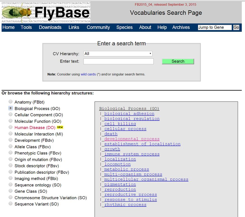 2. Choose the correct ontological category and associated controlled vocabulary On the FlyBase homepage, click the Vocabularies toolbox at the top of the page (it is the box labeled with the text GO,