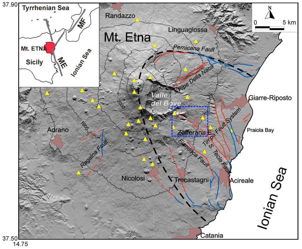 BURIED ACTIVE FAULTS NEAR ZAFFERANA AREA Figure 1. Surface faults map of Mt. Etna (modified from Azzaro et al. [2012]).