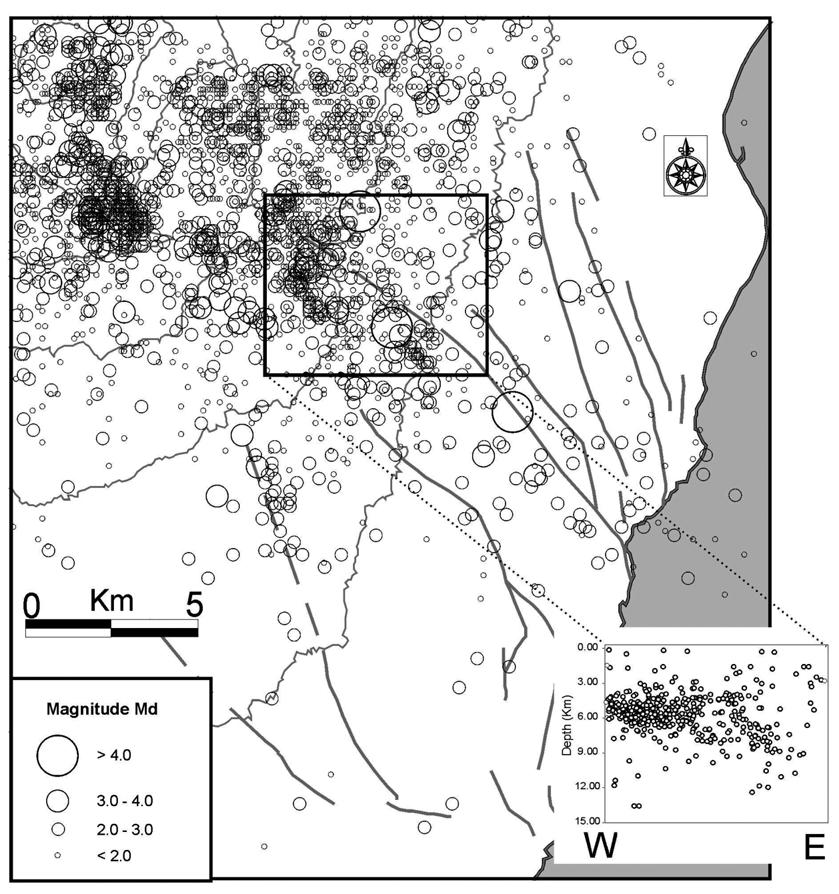 ALPARONE ET AL. Figure 3. Map of the 2000 to 2005 earthquakes located for surveillance purposes from instrumental data [Gruppo Analisi Dati Sismici 2011]. Box, study area.