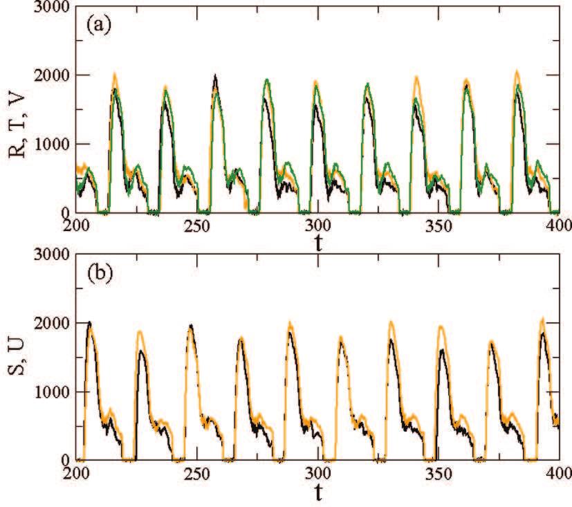 Synchronization of coupled stochastic oscillators Figure 6. Phase synchronization of the circadian oscillators in an odd chain with n = 5, τ = 10 and c = 0.8.