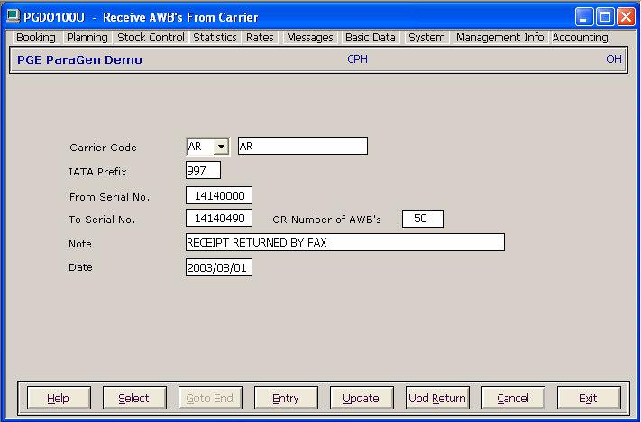 The Stock Control module keeps track of AWB-numbers, i.e. records their receipt from carrier,