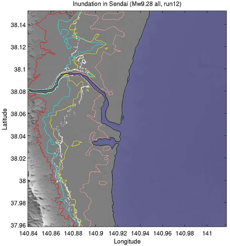 Figure 4.14 Computed inundation ranges in Sendai plain for Mw9.