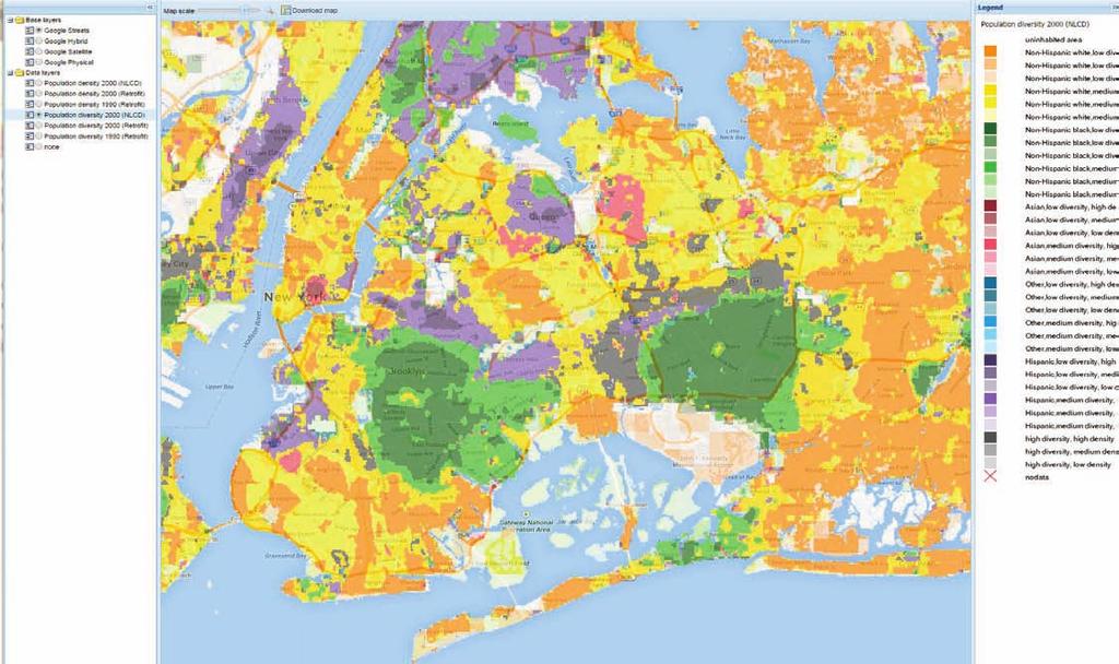 4. Using SocScape 4.1 - Examining diversity patterns in 2000 Racial diversity map of the New York area in 2000 Using Google maps navigate to the area of interest.