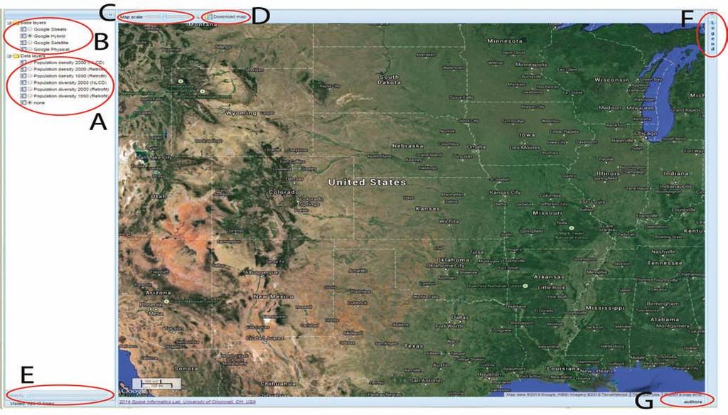 2. Opening Screen 2.1 - The main window On opening the center of the screen shows Google Hybrid map of the U.S. Major features of an application are labeled by letters A to G in the figure above and discussed below.