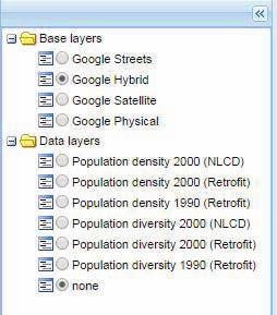 The layers are divided into two categories: - Google layers; these auxiliary layers are provided for spatial reference -