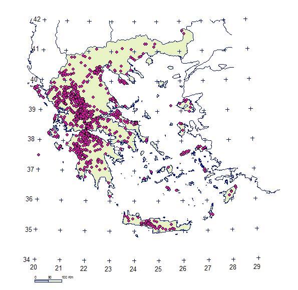 Figure.1 Landslide distribution in Greece. Because of the fact that deterministic models require homogeneity of the data used for the analysis, averaged values of the geotechnical properties are used.