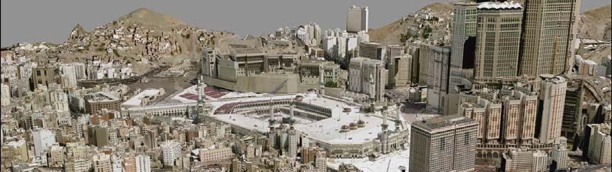 Figure 3: Screen shot of a fly-through simulation showing the center of Makkah with the Holy Mosque in the centre, the Vakf building to its right and the construction site of the "Jabal Omar" project