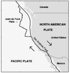 Question #6 The San Andreas fault is shown on the map. Which statement describes the plate boundary that exists along the San Andreas?