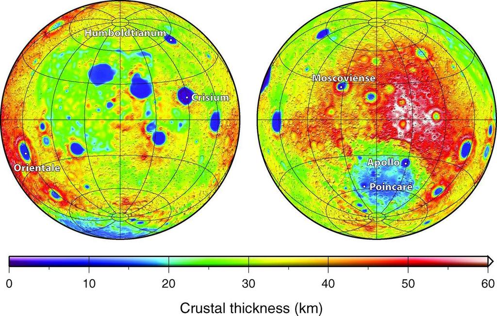 Figure 1.3. The global distribution of lunar crustal thickness as measured by GRAIL gravity and LRO topography. Both the lunar nearside (left) and farside (right) are represented (Wieczorek et al.