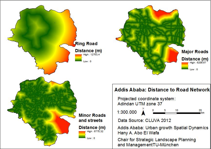 Figure 4A Road Network of Addis Ababa Using Euclidean distance tool in the spatial analyst toolbox, a proximity analysis was applied which generates a raster file whose grid-values equal to the